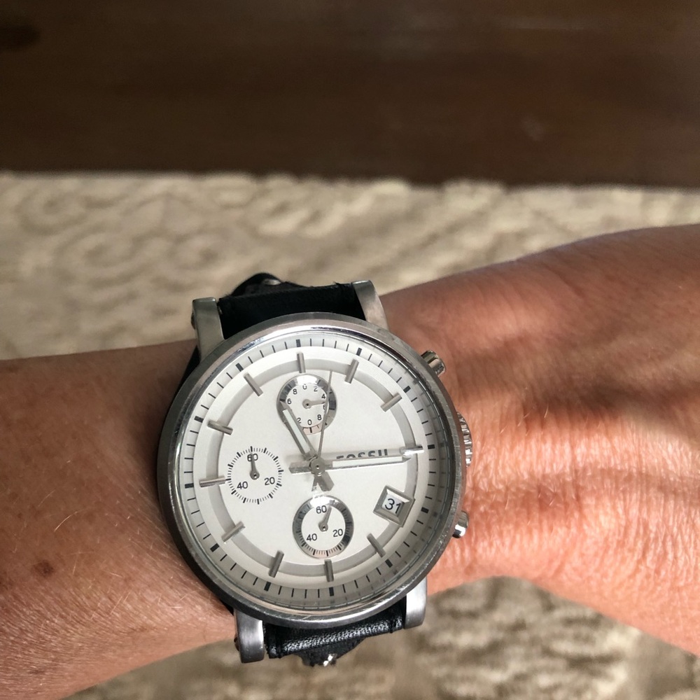 Fossil watch with black leather band